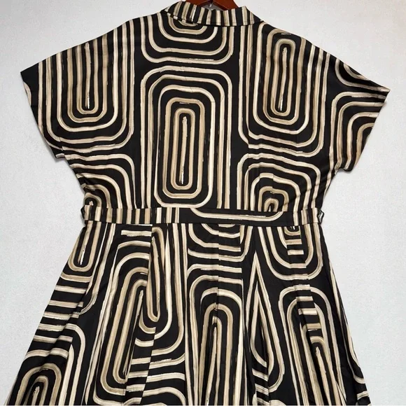Donna Karan Black Cream Geometric Printed Midi Shirt Dress Buttons Down Size 16 - Picture 13 of 16